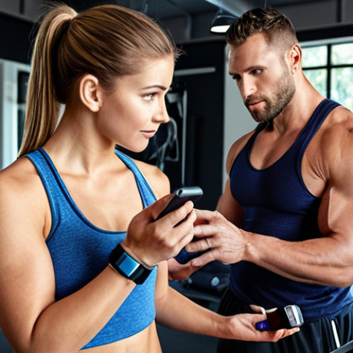 **Image Prompt:** A modern gym scene featuring a fitness trainer working with a client, both wearing fitness trackers. Display data charts overlaid on the image, symbolizing data-driven workout programs. Focus on a clean, tech-integrated environment, emphasizing the use of wearable technology in personal training.