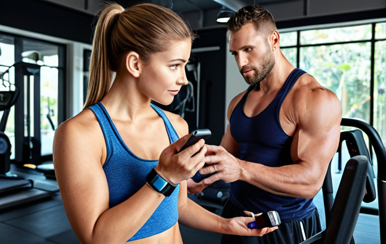 **Image Prompt:** A modern gym scene featuring a fitness trainer working with a client, both wearing fitness trackers. Display data charts overlaid on the image, symbolizing data-driven workout programs. Focus on a clean, tech-integrated environment, emphasizing the use of wearable technology in personal training.